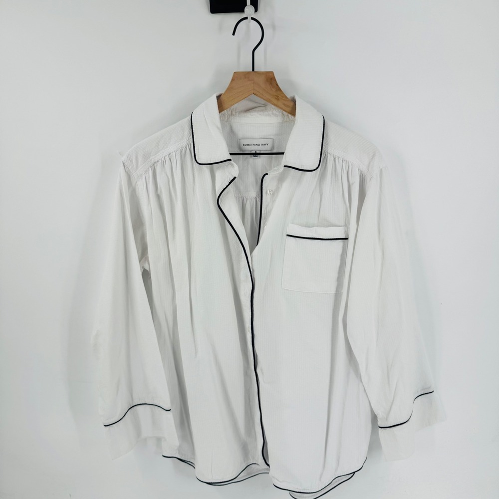 Something Navy White Cotton‎ Pajama Top Navy Piping Size S Coastal Minimalist